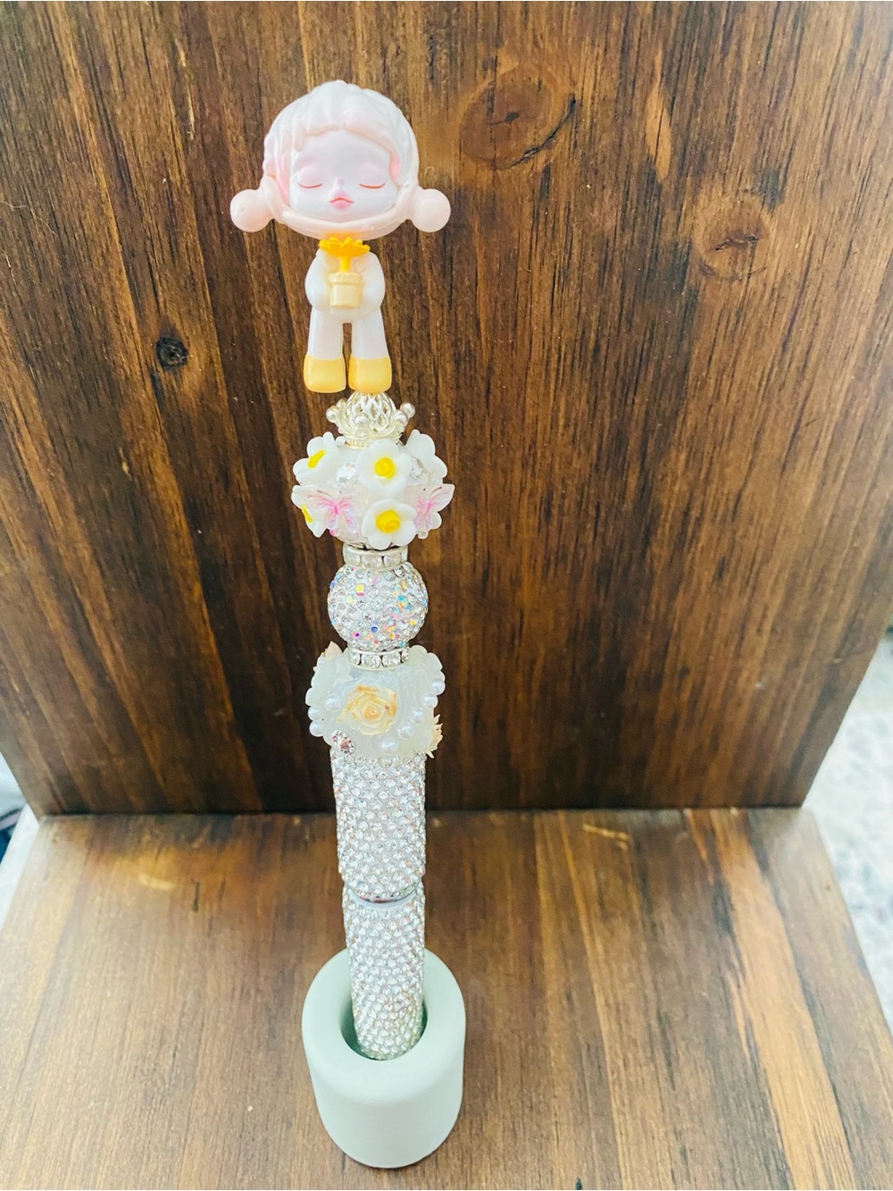 New Skull Panda Pink & White Fancy Bead Pen with Floral